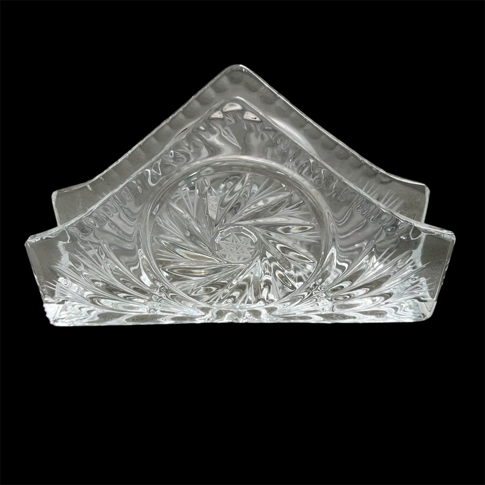 Vintage American Cut Clear Glass Pinwheel Cut Pattern Napkin Holder EXCELLENT
